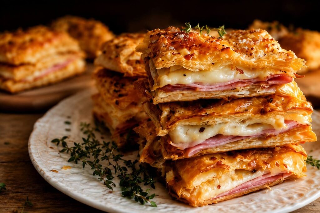 Crispy Ham & Cheese Puff Pastry Stacks